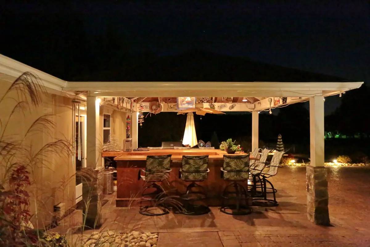 Covered patio at dusk